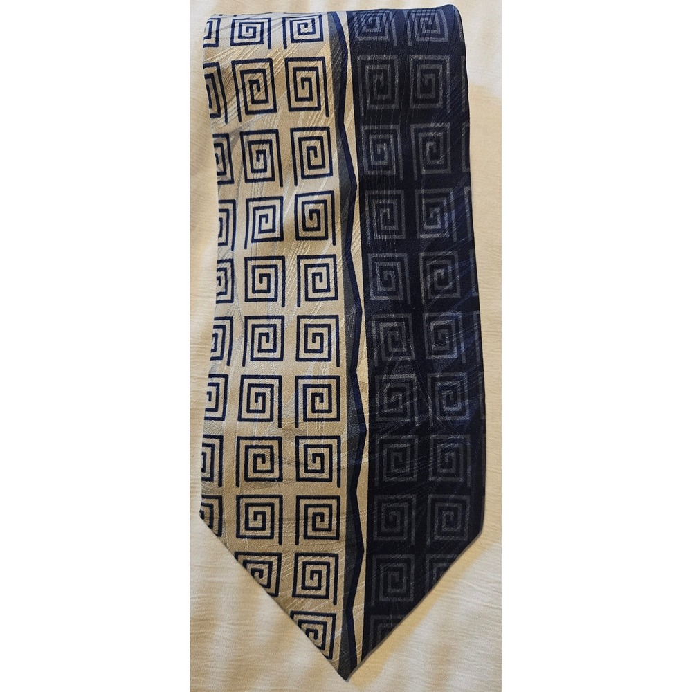 Secours Mens Silk Tie Navy Blue Gold Greek Key Geometric Hand Made in Italy